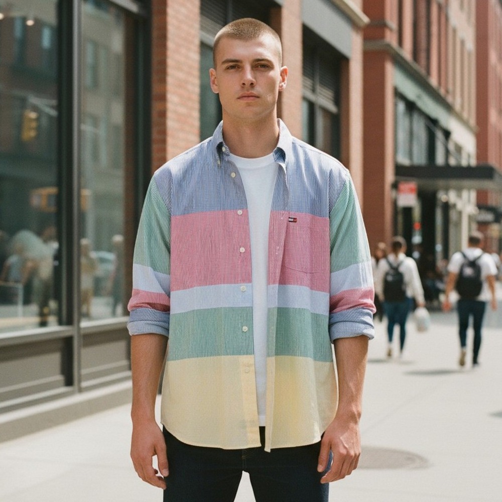 Vintage Tommy Hilfiger Mens Colorblock Pinstripe Button Down Shirt Multi-Color L